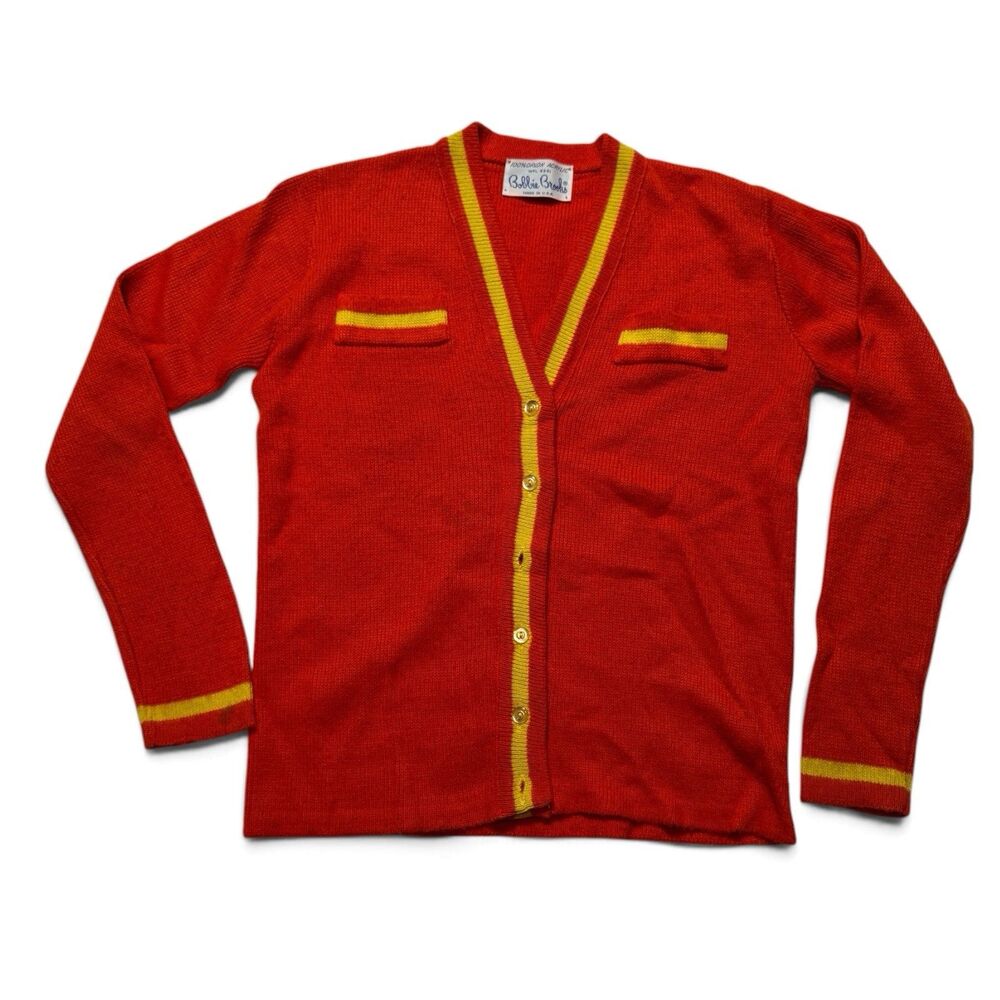 Vintage 70s Bobbie Brooks Red Yellow Varsity Cardigan Sweater Medium